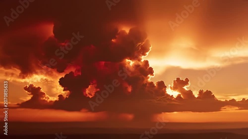 Dramatic cumulonimbus cloud formation with intense volumetric god rays during a burnt orange sunset