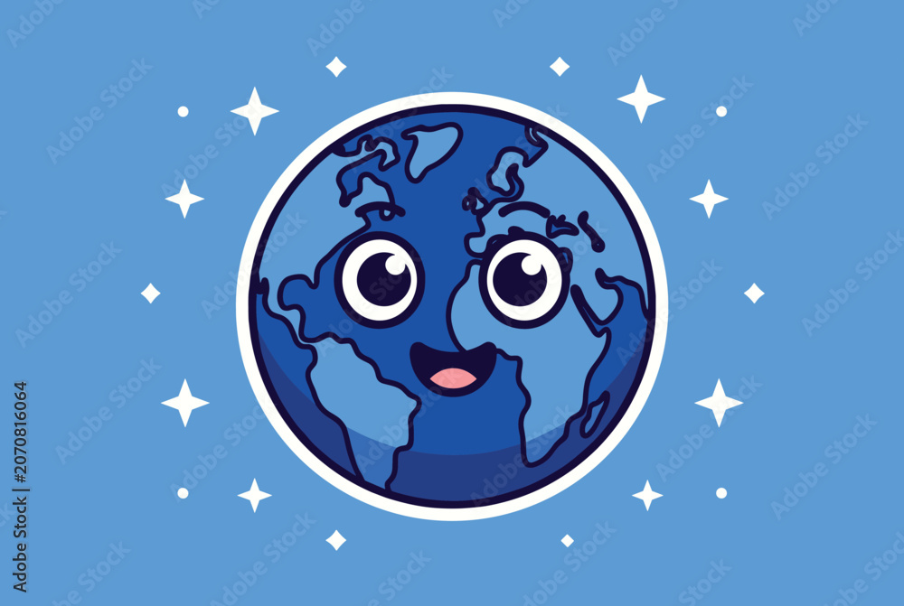 Fototapeta premium Cute smiling earth globe character with big eyes surrounded by shining stars on blue background vector illustration.
