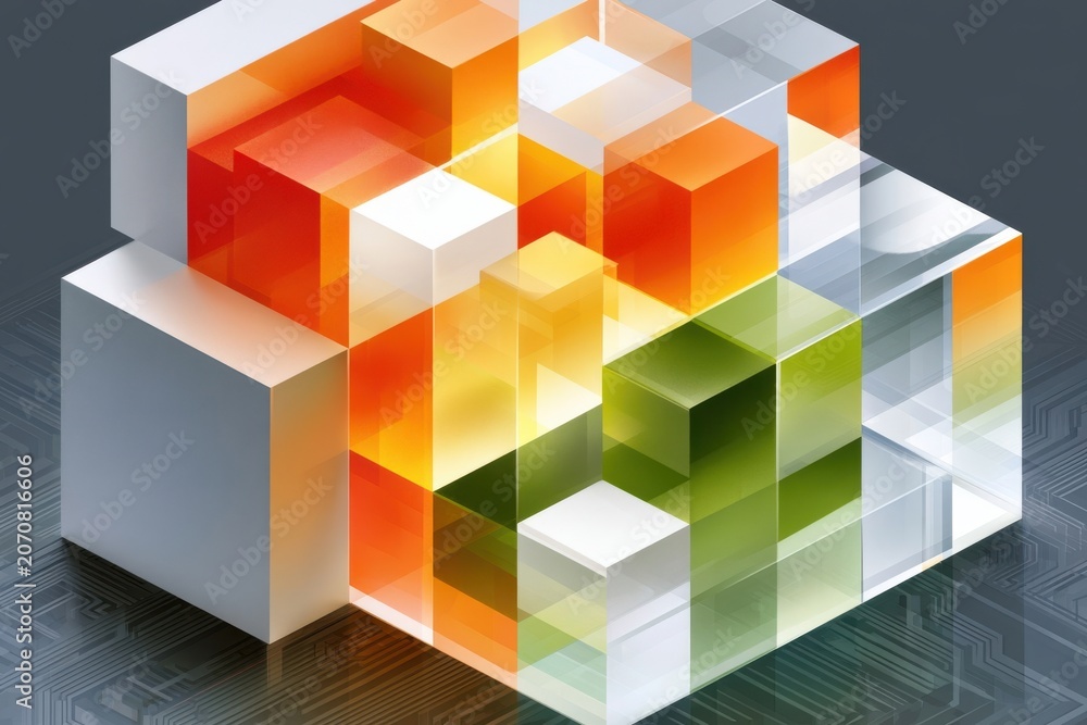 Obraz premium Abstract translucent cubes forming a geometric digital structure suggesting technology and data visualization