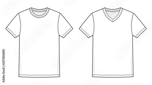 Plain short sleeve t-shirt with v neck front and back view vector illustration isolated on white background