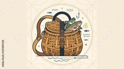 Foto Wicker Fishing Creel Vector Illustration