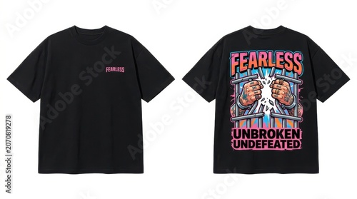 Fearless unbroken undefeated graphic t-shirt with strong hands breaking chains design isolated on white background