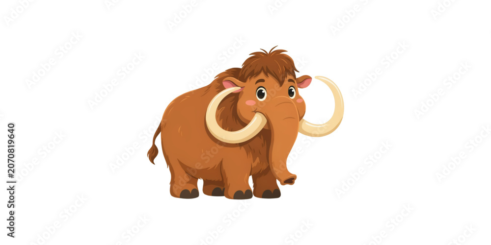 Fototapeta premium Cute cartoon mammoth standing alone with curved tusks Vector