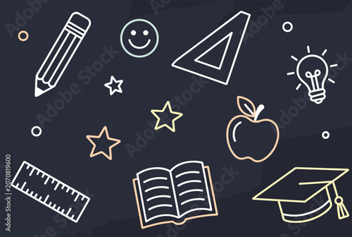 Bright neon line drawings of school icons including a book, graduation cap and light bulb on a black blackboard.