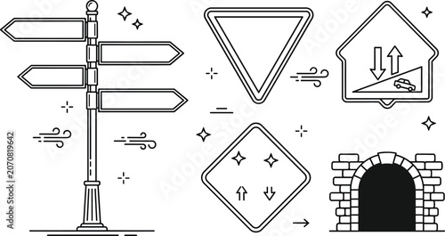 Obraz na płótnie Road traffic signs and navigation line art vector icon set with signpost tunnel