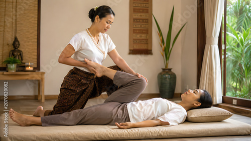 Thai Massage Therapist Stretching Client Leg on Massage Mat