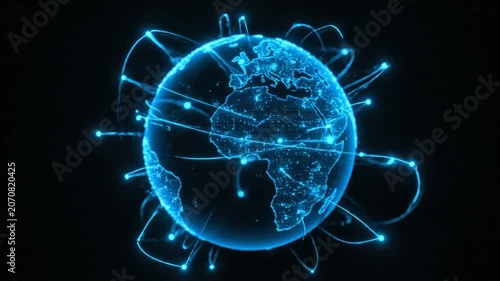 Digital Earth Rotating with Blue Light Trails and Connections