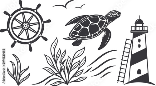 Photography Set of hand drawn nautical ocean elements and sea animals