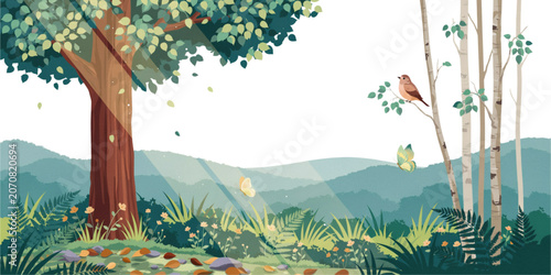 Bild auf Leinwand Colorful illustration of a tree with hanging bird feeder in a lush green forest