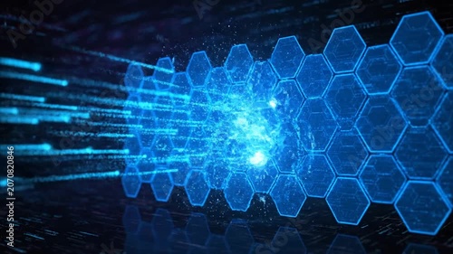 Abstract Blue Hexagonal Tunnel with Streaking Data Particles Flow