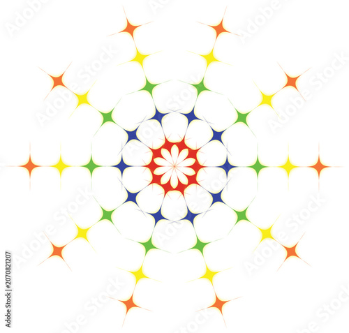 Colorful geometric mandala vector, rainbow starburst pattern with sparkling elements, vibrant circular ornament for festive design and branding