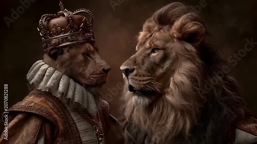 Europe medieval lifestyle. A regal portrayal of two lions, one male and one female, set against a dark, smoky background. The male lion wears a richly detailed crown, a white ruffled collar.