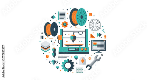 3D Printing Technology and Additive Manufacturing Flat Vector Illustration with Printer, Filament Spools, and Engineering Tools
