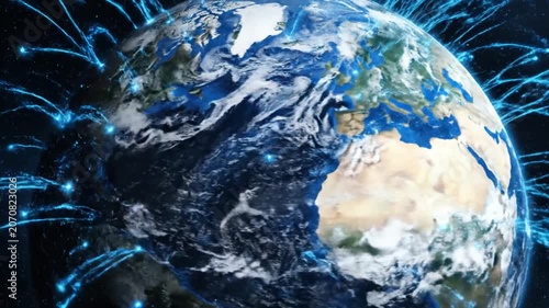 Digital Earth Network Connections: Blue Light Trails Orbiting Planet