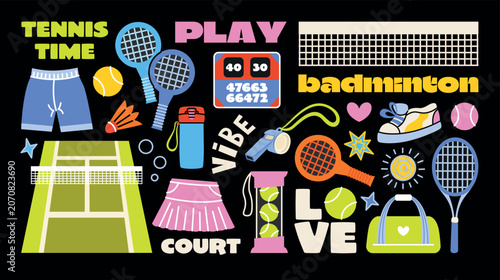 Set of flat cartoon illustrations for tennis and badminton. Vector elements, stickers, headings for creating designs for matches. Tennis equipment and accessories, courts, whistles, uniforms, rackets.