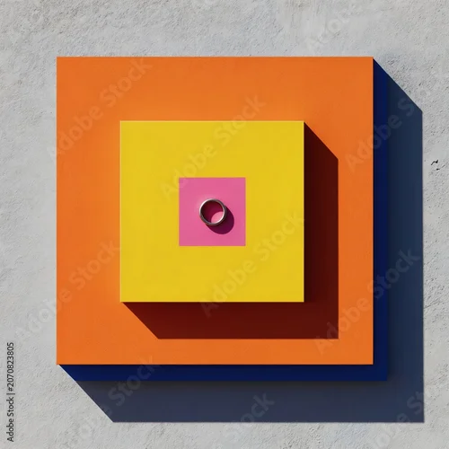 Panel kuchenny z motywem Concentric squares in vibrant colors orange yellow pink on textured wall. Silver ring rests centrally on pink square. Geometric mural with bold color blocks. Modern abstract art.