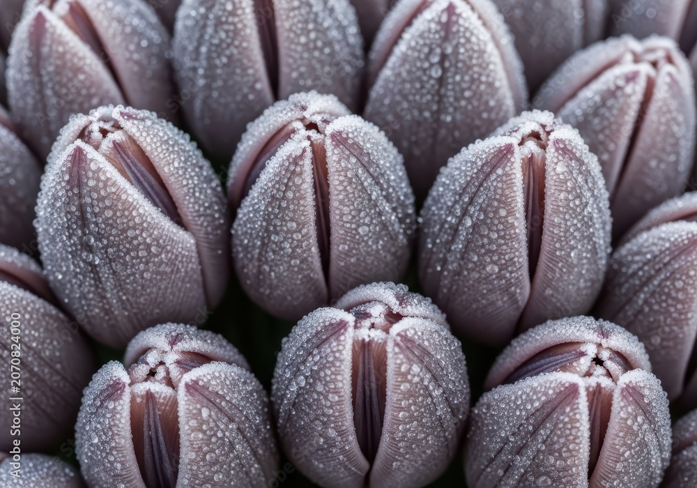 Fototapeta premium Macro Close-up of Purple Tulip Flower Buds Covered in Morning Dew Drops and Frost
