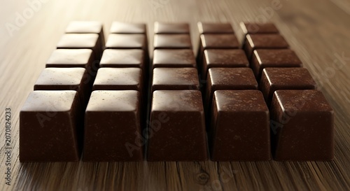 Chocolate squares on wooden table
