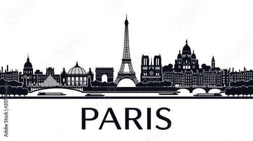 A horizontal banner featuring a black-and-white silhouette of the Paris skyline, including iconic landmarks and architectural elements. The vector-style design represents Paris, France.