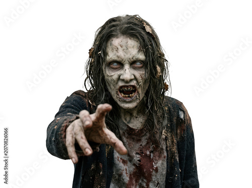 Scary female zombie reaching out with hand, horror movie concept, isolated on transparent background