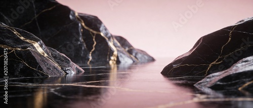 Abstract dark marble rocks with gold veins emerging from reflective water