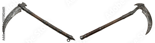 Two views of a fantasy war scythe weapon isolated on transparent background