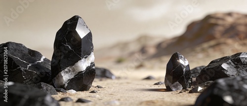 Polished black obsidian crystals with white veins scattered on sandy desert ground