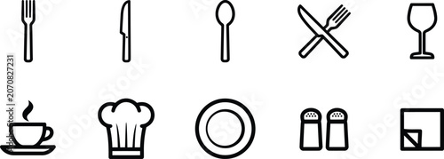 Photos Set of restaurant and kitchen utensil line icons with utensils, restaurant