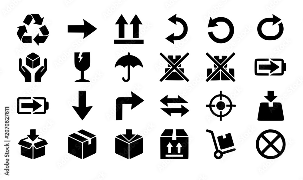 Fototapeta premium Black arrow icons vector set with packaging handling symbols and universal shipping direction marks