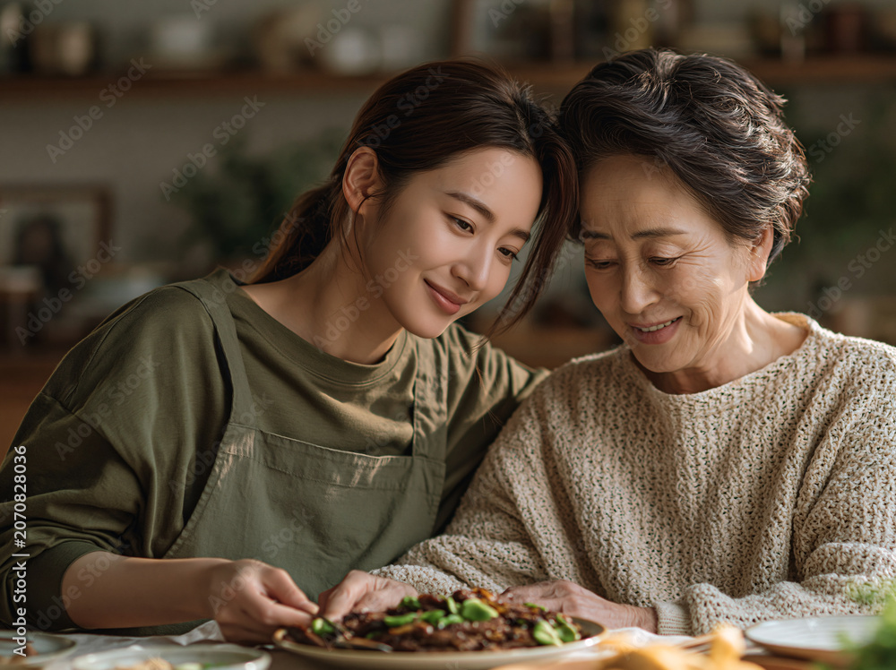 Fototapeta premium A granddaughter in an olive apron leans close beside her smiling elderly mother, using chopsticks to share a home-cooked meal together inside a sunlit cozy rustic wooden kitchen interior.