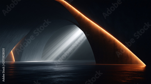 Modern Underwater Tunnel with Illuminated Curved Structure and Water Reflection
