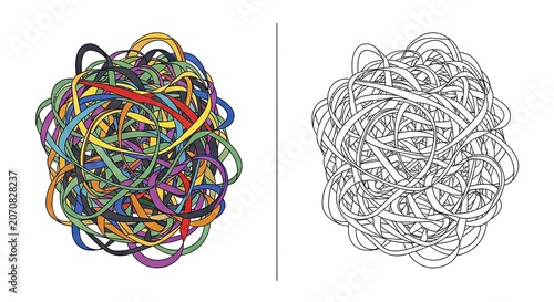 Colorful abstract tangled lines illustration next to monochrome version  