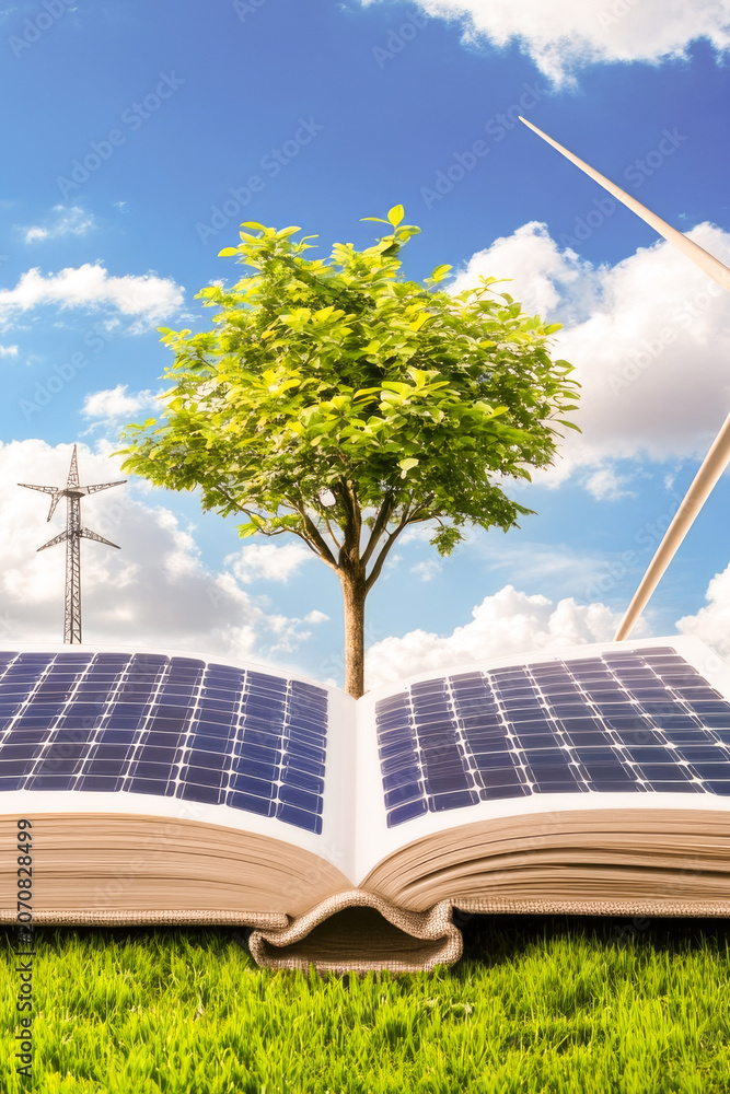 Obraz premium A book sits on a green field, perfect for educational or outdoor-themed projects vertical frame