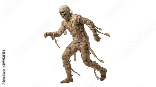 A terrifying ancient egyptian mummy wrapped in tattered bandages walking forward isolated on transparent background