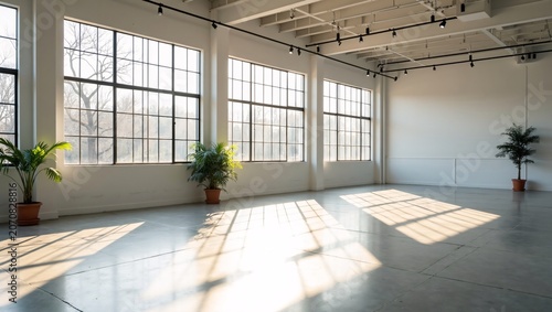 Bright vacant loft space, large grid windows, palm plants, track lighting and concrete flooring