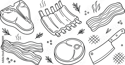 Tableau sur toile Fresh meat products and butcher line art vector icon set with steak ribs bacon p