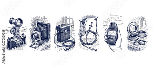 Cuadro en lienzo Vintage camera gear sketch collection of retro photographic equipment icons cont