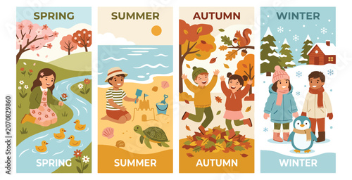 Set of four seasons vector illustrations with children having fun during spring summer autumn winter.