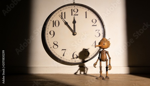 The Tale of the Wooden Boy and Time: A wooden puppet stands beneath a large wall clock, its shadow elongated by the dramatic spotlight, symbolizing the passage of time and the trials of life.