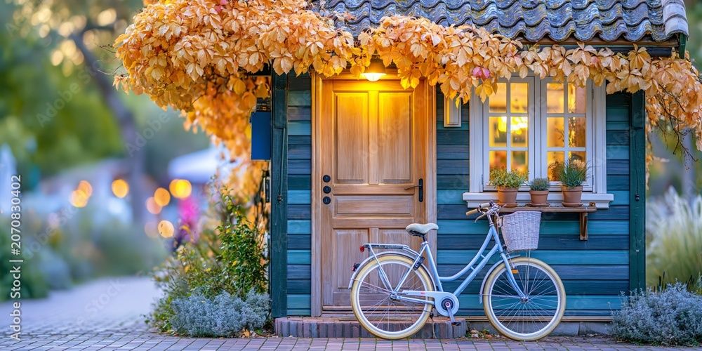 Fototapeta premium Charming autumn scene featuring a rustic wooden cabin with colorful branches over the entrance and a bicycle by the door, creating a cozy countryside retreat.