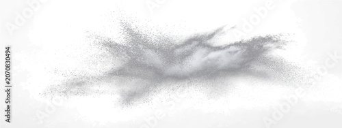 Fotografie Explosion of grey powder or dust erupts outward, creating dynamic, energetic abstract formation against stark white background