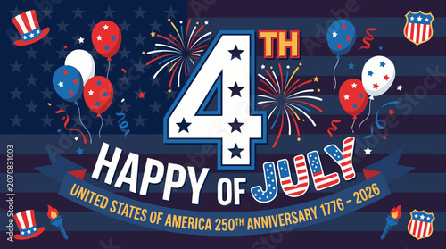 Happy 4th of july celebration with fireworks and balloons on american flag background