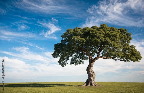 Solitary Mature Tree Standing Tall On Grassy Field Under Blue Sky With Wispy Clouds For Nature Concepts