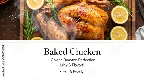 Roasted chicken with herbs and lemons on wooden board