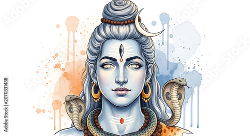 Portrait Of Shiva Hindu Deity With Snakes And Crescent Moon Watercolor Style
