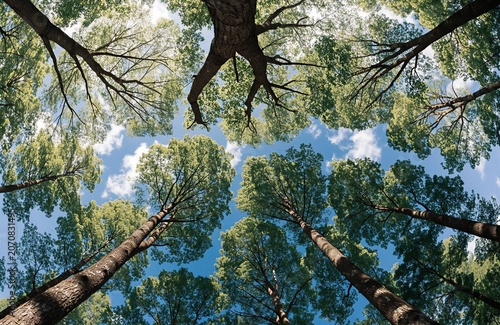 Tall Trees Reaching Towards Sky In Lush Green Forest Canopy For Nature And Ecology Themes