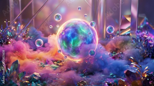 Luminous floating spheres and colorful bubbles, bokeh