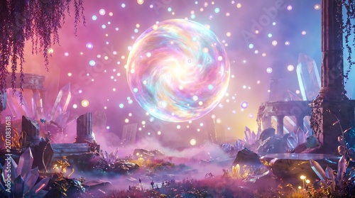 Magic crystal sphere in a fantasy landscape, bokeh
