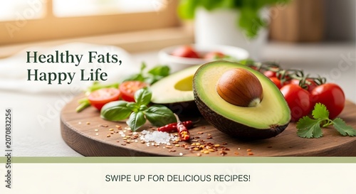 Halved avocado with tomatoes on wooden board