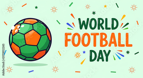 Football illustration with orange and green panels against a pale green backdrop